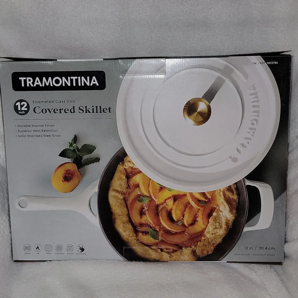 Tramontina 12 Inch Enameled Cast Iron Skillet & Covered Lid • White / Gold • New